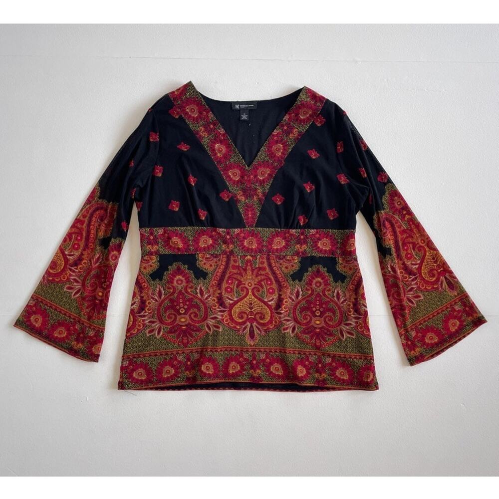 Vtg Y2K Paisley Nylon Bell Sleeve Stretchy Whimsygrunge Top / INC XL Fairy Boho